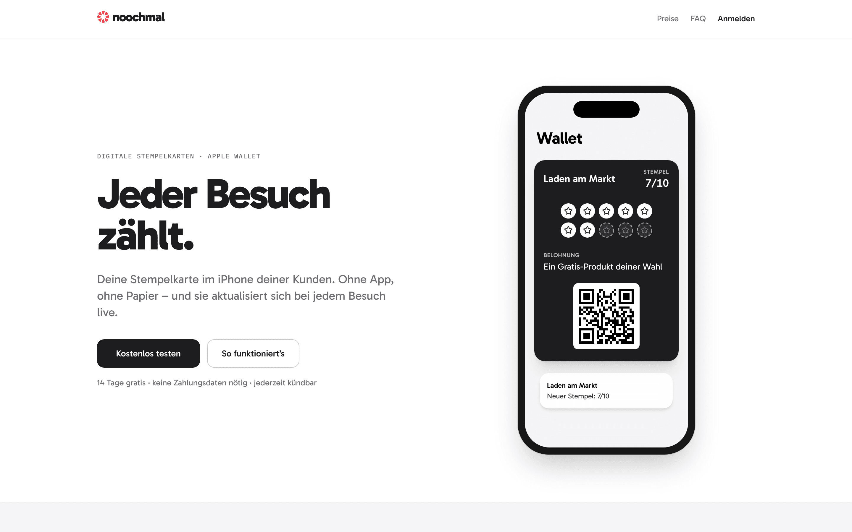Startseite von Noochmal: „Jeder Besuch zählt.“ mit einer digitalen Stempelkarte in Apple Wallet